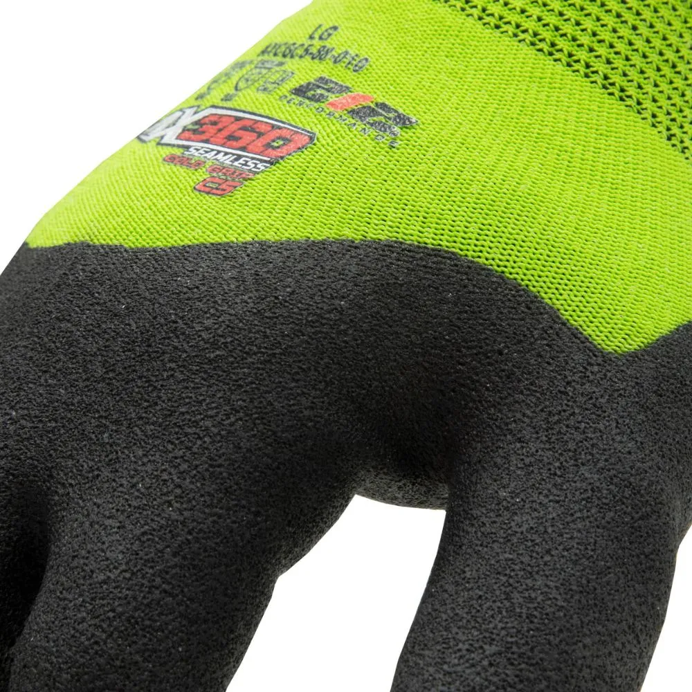 212 Performance AXCGC5-88-009 AX360 Seamless Nitrile-dipped Cut Resistant Cold Weather Hi-Viz Gloves (EN Level 5), Medium Green;Black