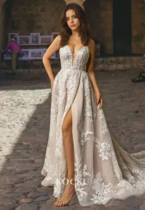 A-Line Sweetheat Wedding Dress Spaghetti Straps Split Appliques Lace Bridal Dress with Sweep Train