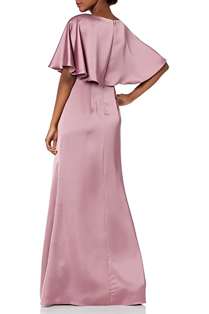 Adrianna Papell Boat Neck Short Sleeve Pleated Brooch Front Zipper Back Satin Dress (Petite) - Wholesale