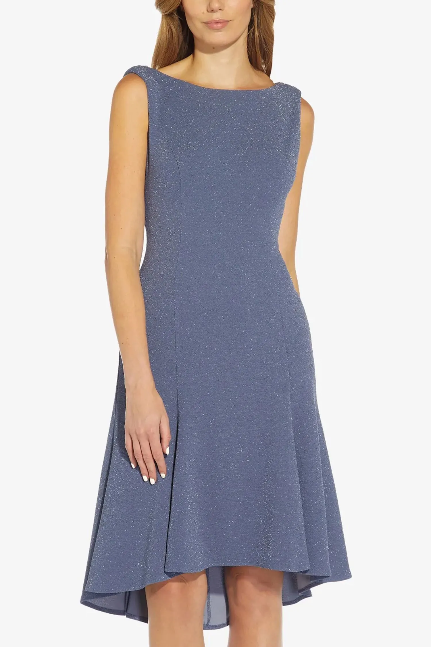 Adrianna Papell Boat Neck Sleeveless Cowl Back Solid Fit & Flare Metallic Knit Dress by Curated Brands