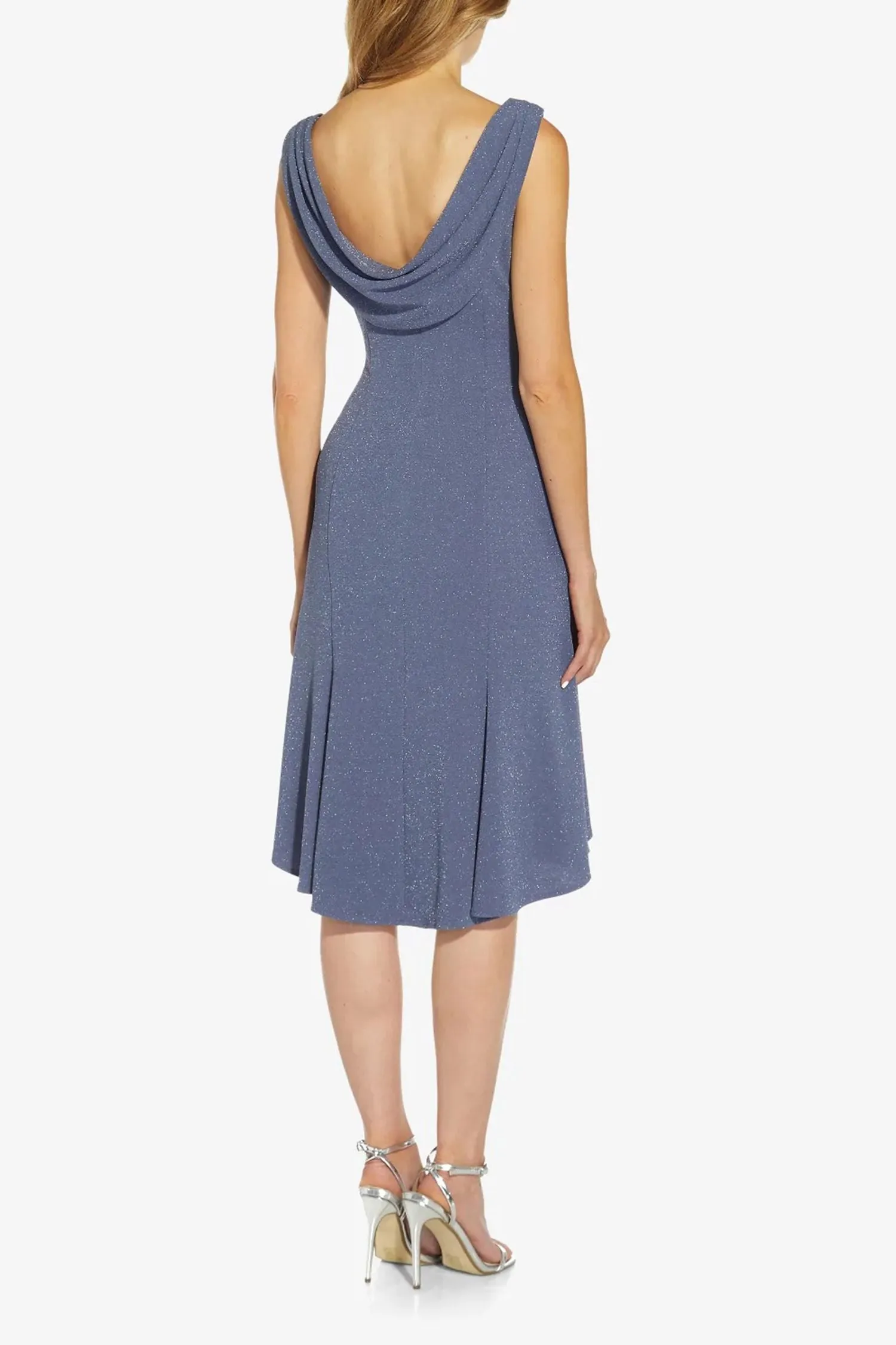 Adrianna Papell Boat Neck Sleeveless Cowl Back Solid Fit & Flare Metallic Knit Dress by Curated Brands