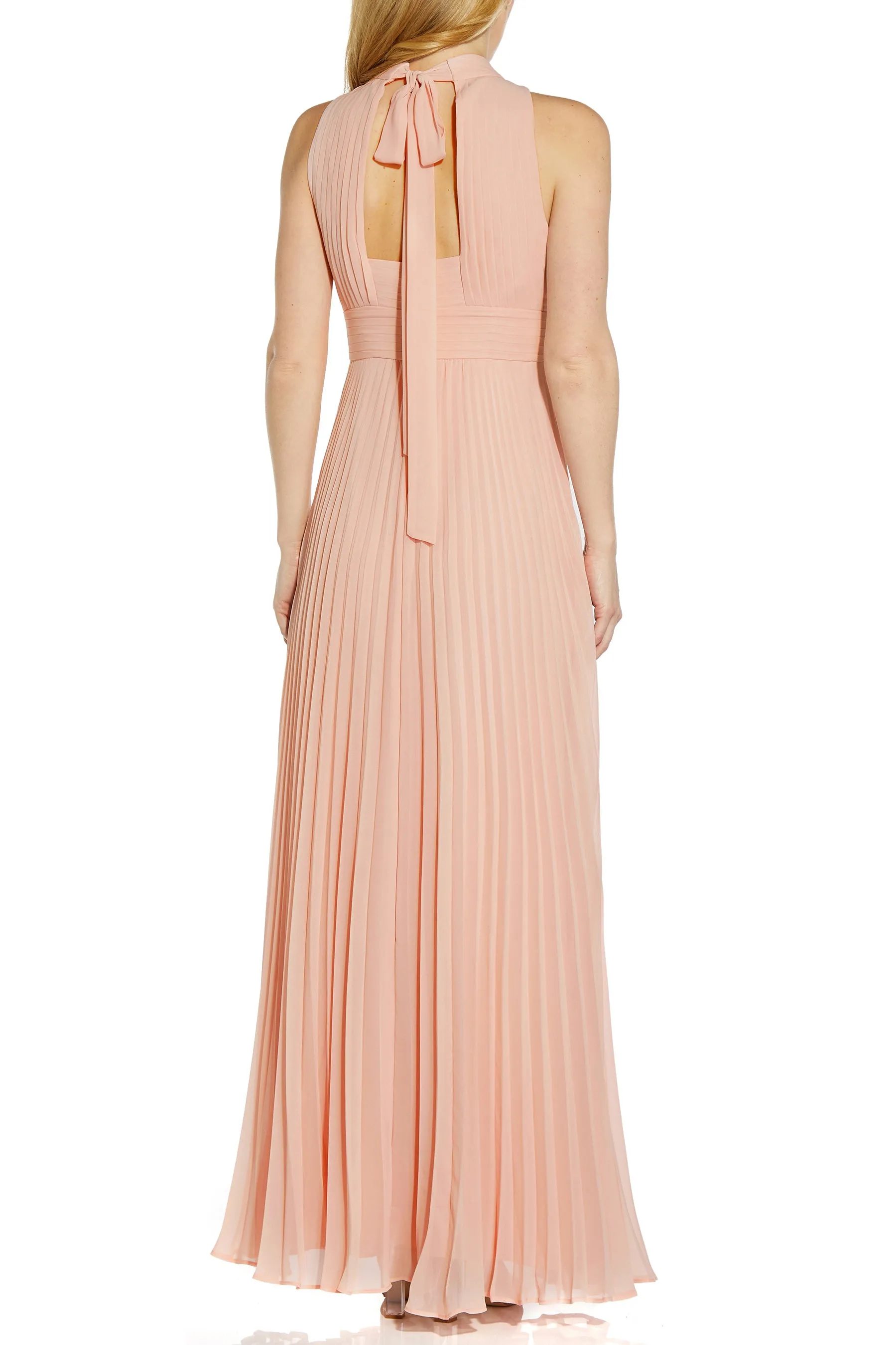 Adrianna Papell Mock Neck Keyhole Sleeveless Ties At Neck Back Zipper Long Chiffon Dress