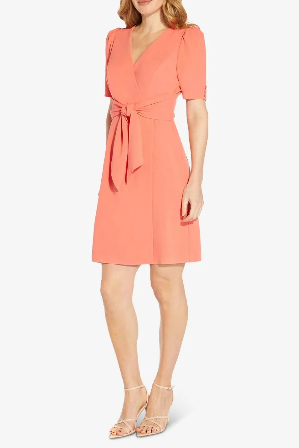 Adrianna Papell V-Neck Short Sleeves Back Zipper Tie Front Detail Short Crepe Dress