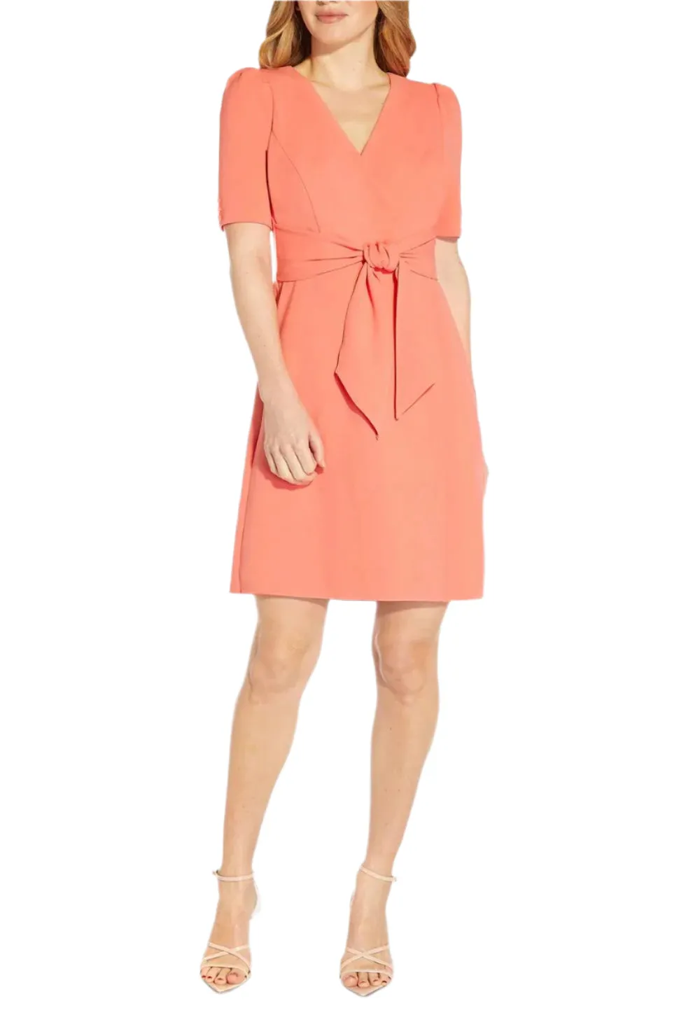 Adrianna Papell V-Neck Short Sleeves Back Zipper Tie Front Detail Short Crepe Dress