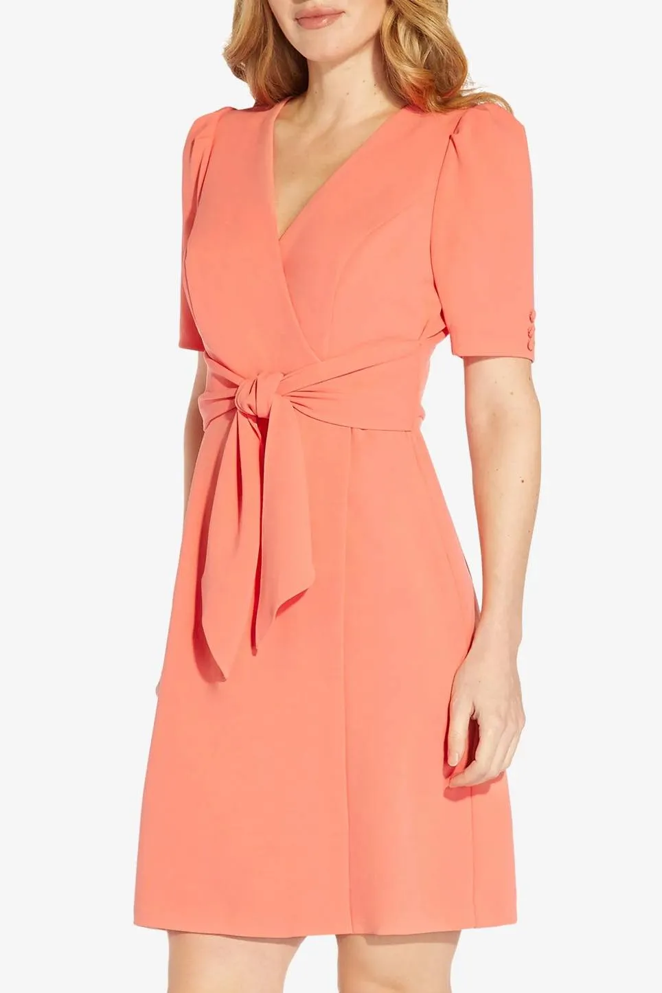 Adrianna Papell V-Neck Short Sleeves Back Zipper Tie Front Detail Short Crepe Dress