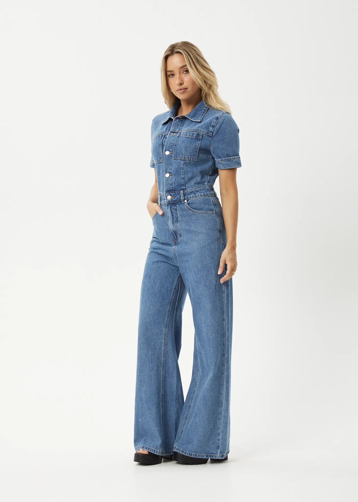 AFENDS Womens Miami - Denim Flared Leg Jumpsuit - Worn Blue