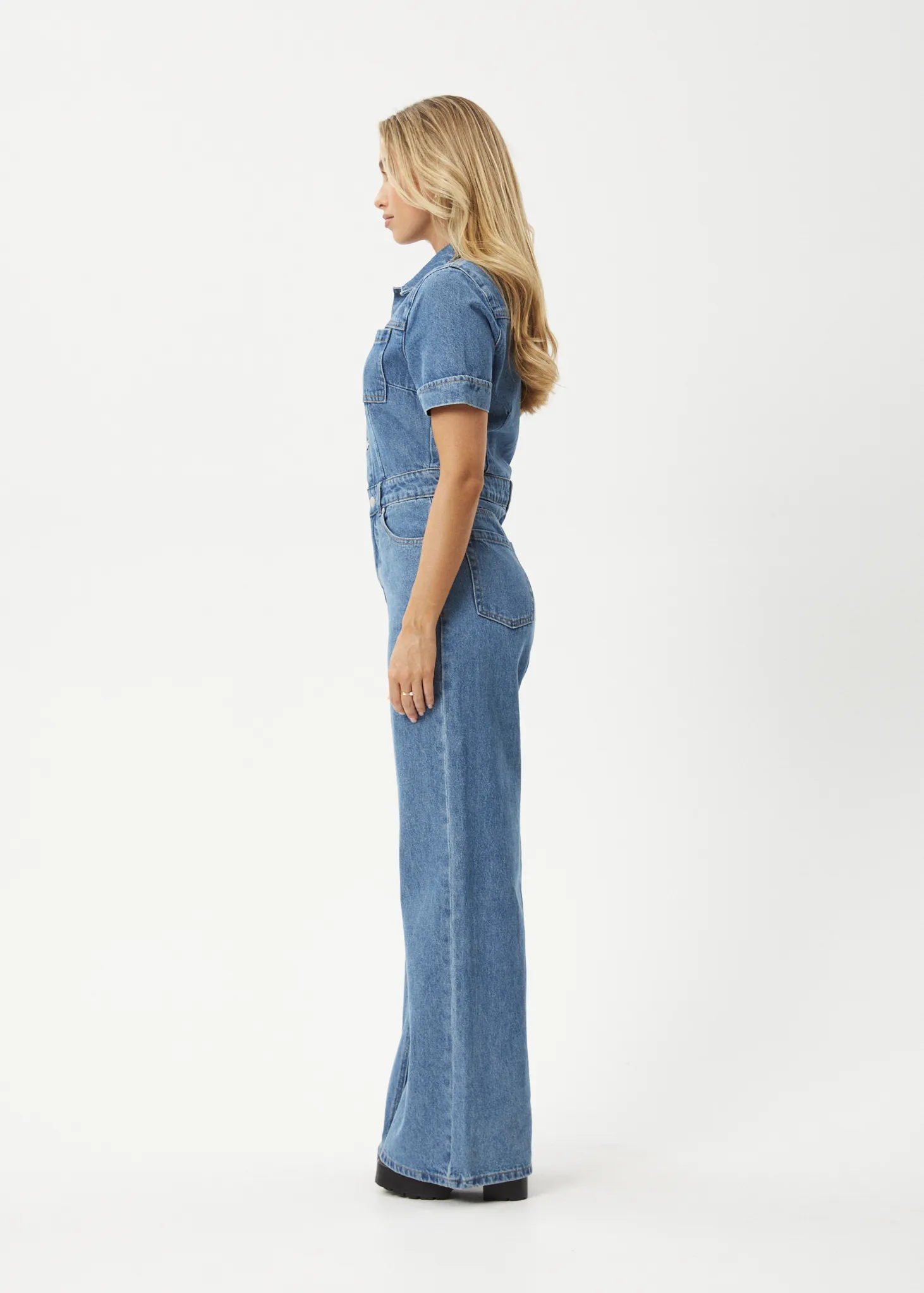 AFENDS Womens Miami - Denim Flared Leg Jumpsuit - Worn Blue