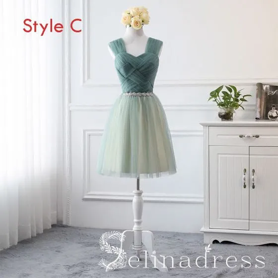 Affordable Green Sage Bridesmaid Dresses Cheap Princess Rhinestone Sash Wedding Party Dresses BRK013