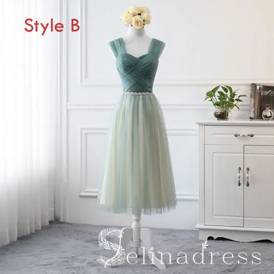 Affordable Green Sage Bridesmaid Dresses Cheap Princess Rhinestone Sash Wedding Party Dresses BRK013