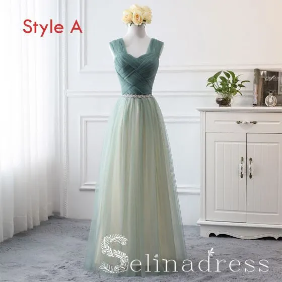 Affordable Green Sage Bridesmaid Dresses Cheap Princess Rhinestone Sash Wedding Party Dresses BRK013