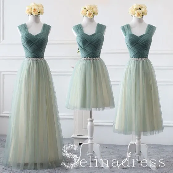 Affordable Green Sage Bridesmaid Dresses Cheap Princess Rhinestone Sash Wedding Party Dresses BRK013