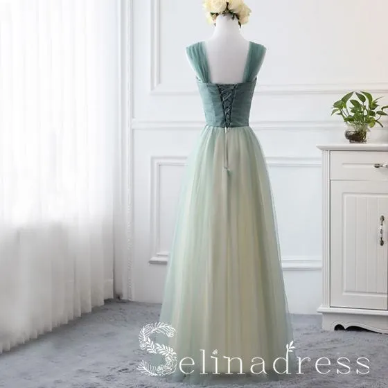 Affordable Green Sage Bridesmaid Dresses Cheap Princess Rhinestone Sash Wedding Party Dresses BRK013