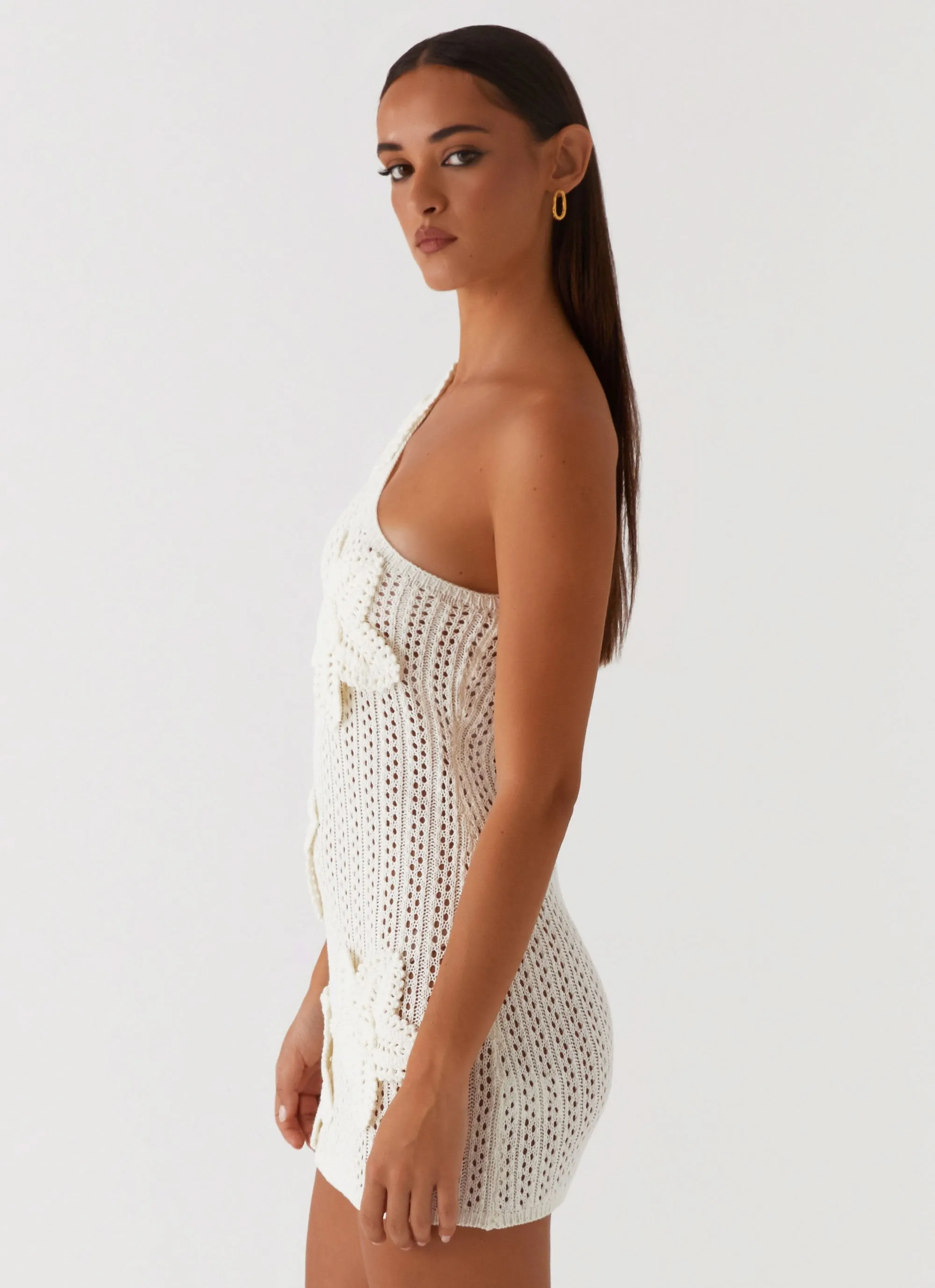 Afterglow One Shoulder Crochet Mini Dress - Ivory