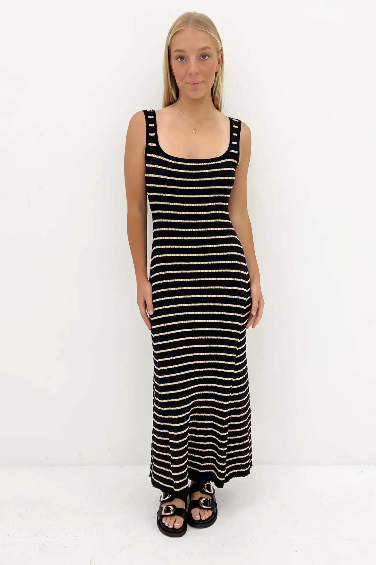 Alora Knit Maxi Dress Black Tan Stripe