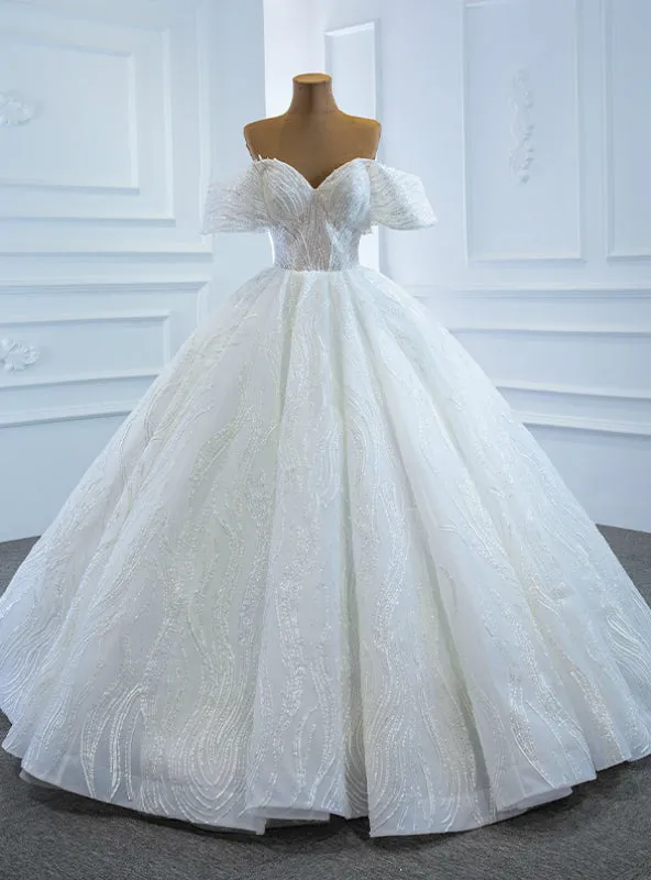 Amazing &amp; Affordable White Ball Gown Tulle Sequins Off the Shoulder Floor Length Wedding Dress