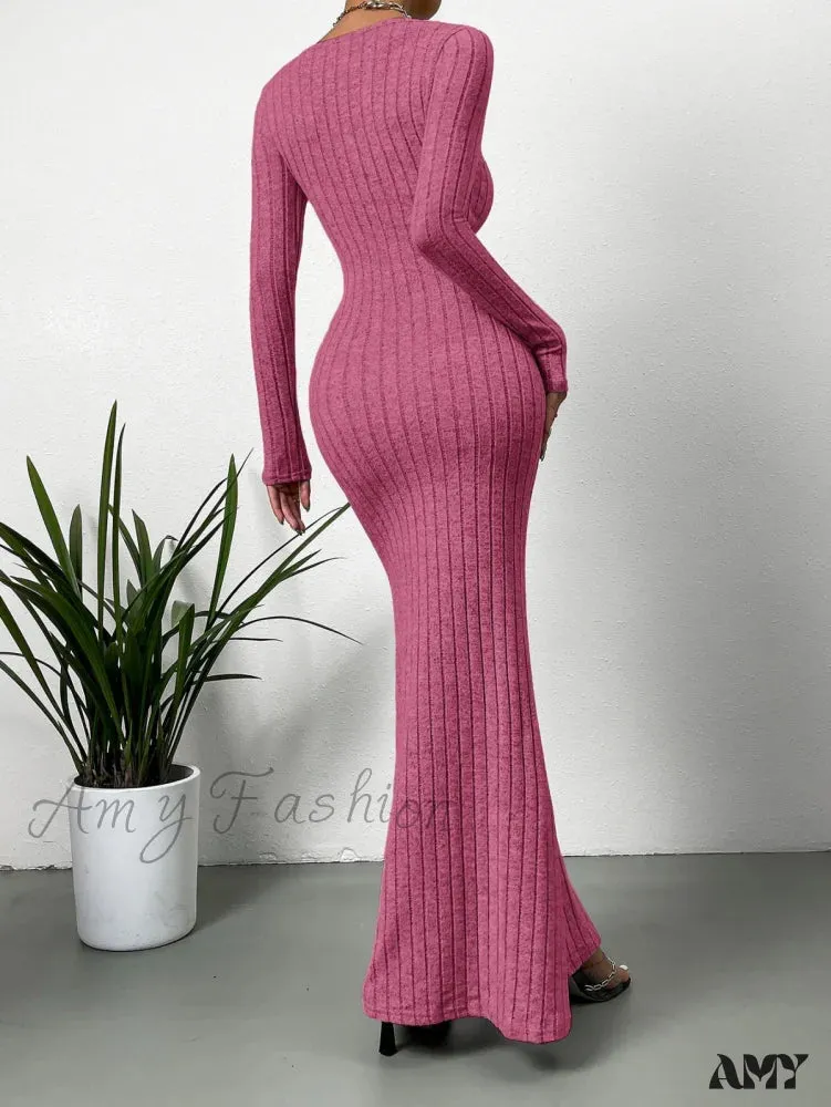 Amy Fashion - Square Neck Ribbed Knit Mermaid Hem Dress