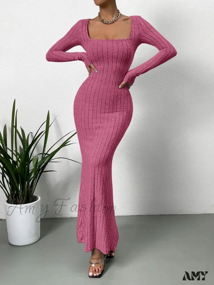 Amy Fashion - Square Neck Ribbed Knit Mermaid Hem Dress