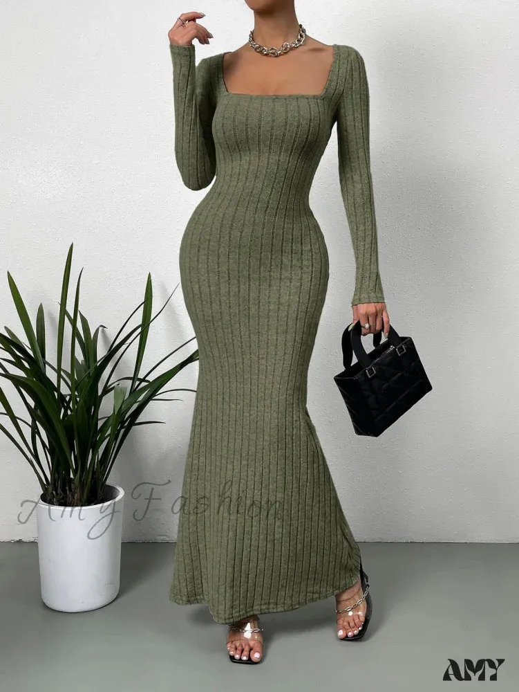 Amy Fashion - Square Neck Ribbed Knit Mermaid Hem Dress