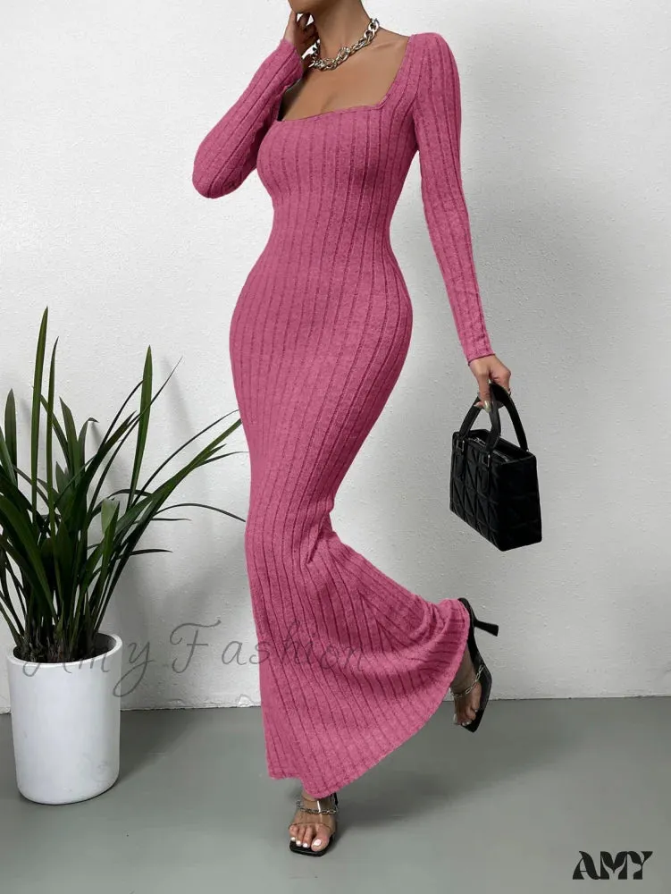 Amy Fashion - Square Neck Ribbed Knit Mermaid Hem Dress