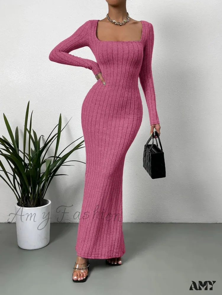 Amy Fashion - Square Neck Ribbed Knit Mermaid Hem Dress