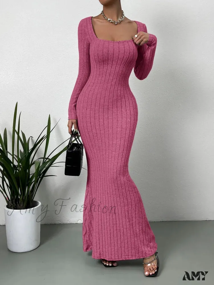 Amy Fashion - Square Neck Ribbed Knit Mermaid Hem Dress