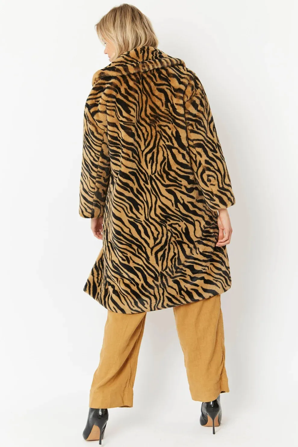 Animal Print Faux Fur Midi Shaved Shearling Coat