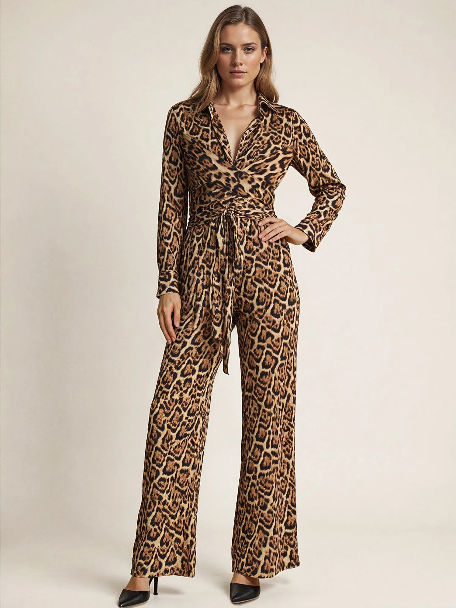 Animal Print Long Sleeve Tie-Front Jumpsuit