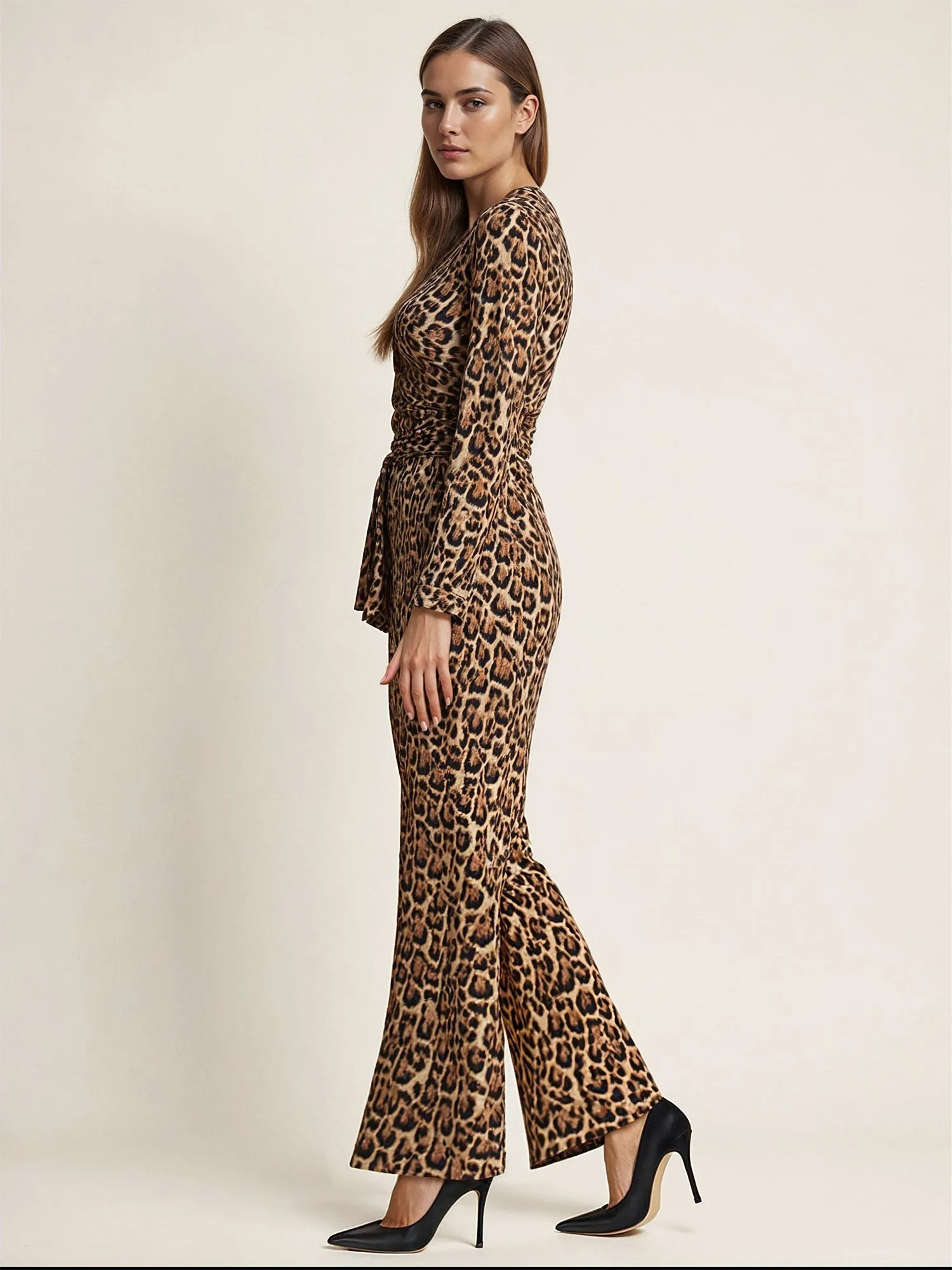 Animal Print Long Sleeve Tie-Front Jumpsuit