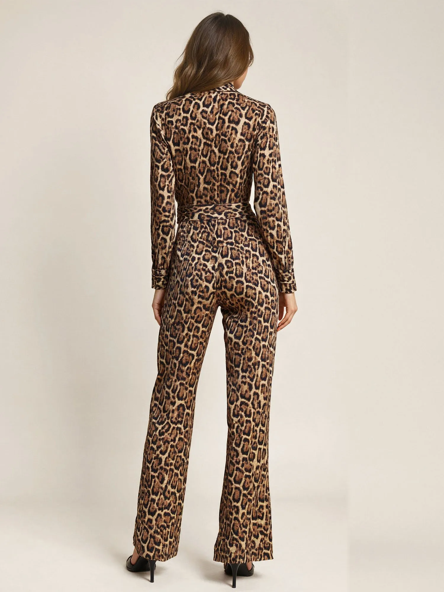 Animal Print Long Sleeve Tie-Front Jumpsuit