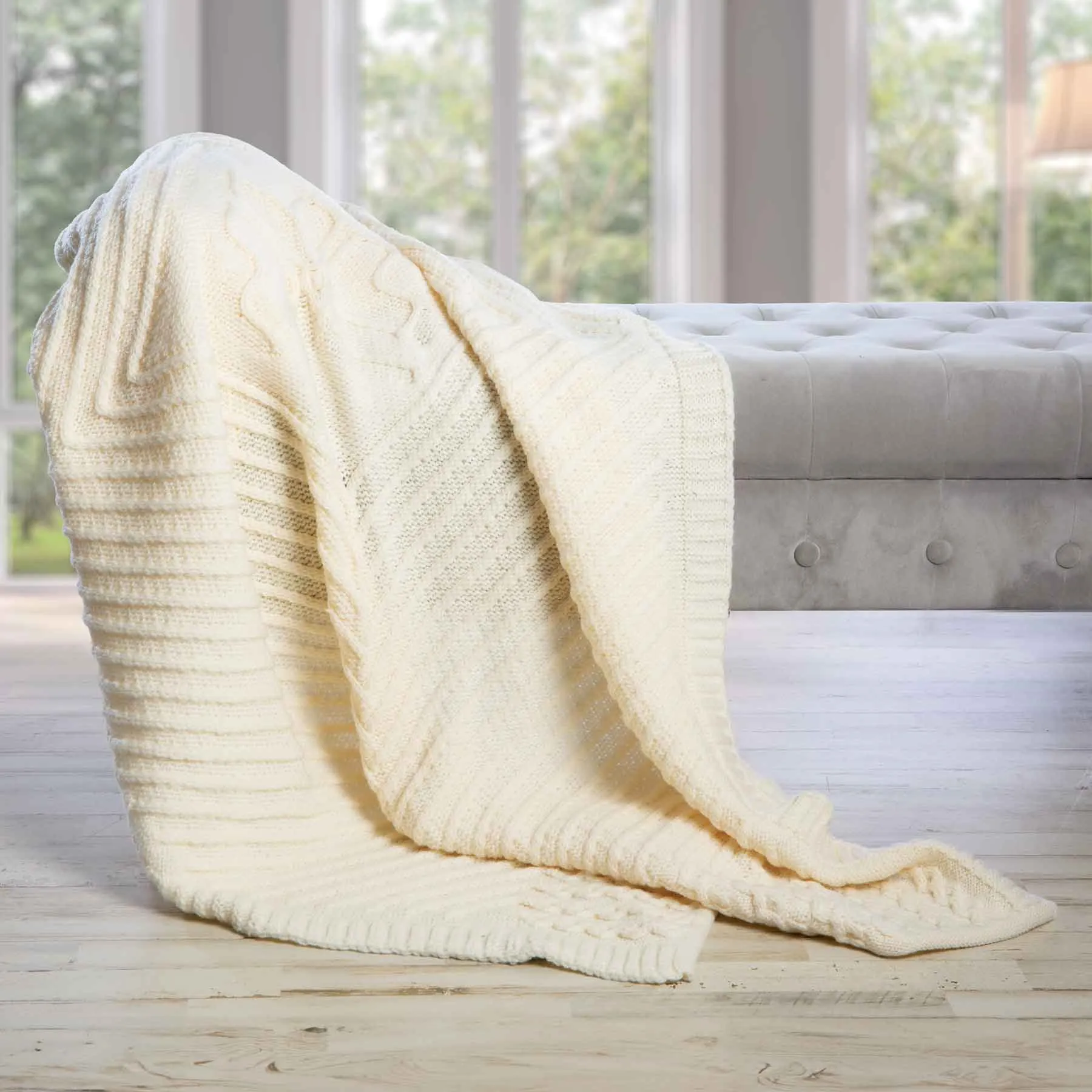 Aran Wool Shamrock Throw Blanket- Cream