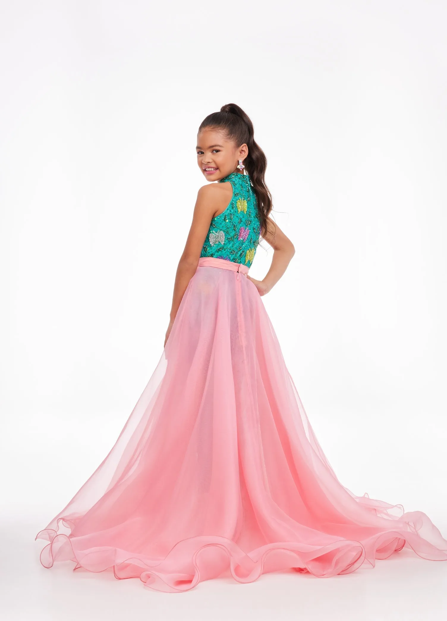 Ashley Lauren Kids 8067 Size 8, 12 Coral Girls Organza Overskirt with Wire Hem Fun Fashion Pageant Girls