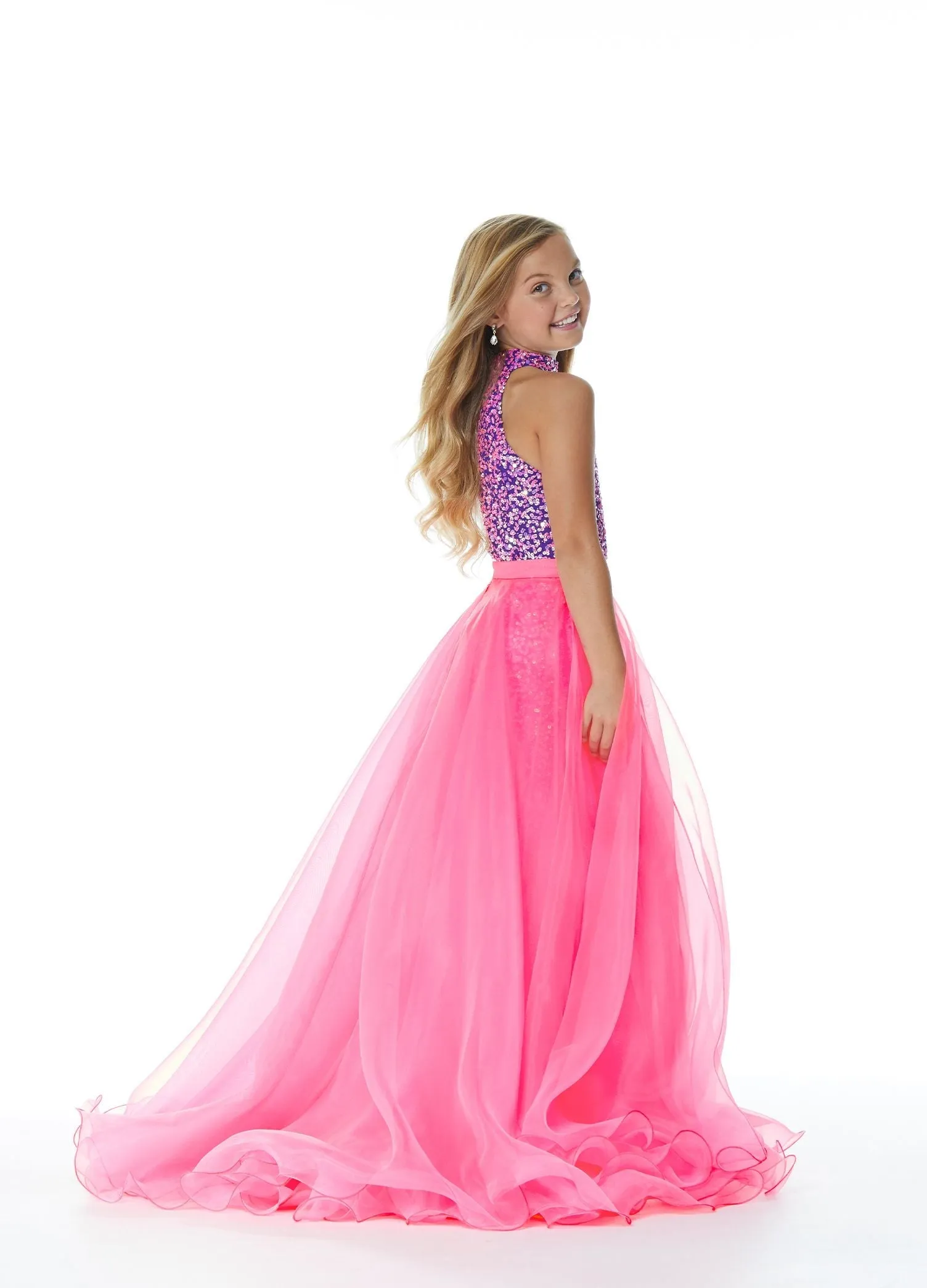 Ashley Lauren Kids 8067 Size 8, 12 Coral Girls Organza Overskirt with Wire Hem Fun Fashion Pageant Girls