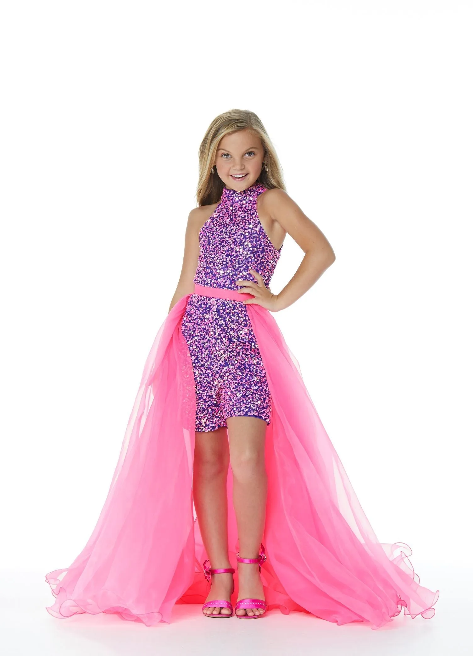 Ashley Lauren Kids 8067 Size 8, 12 Coral Girls Organza Overskirt with Wire Hem Fun Fashion Pageant Girls