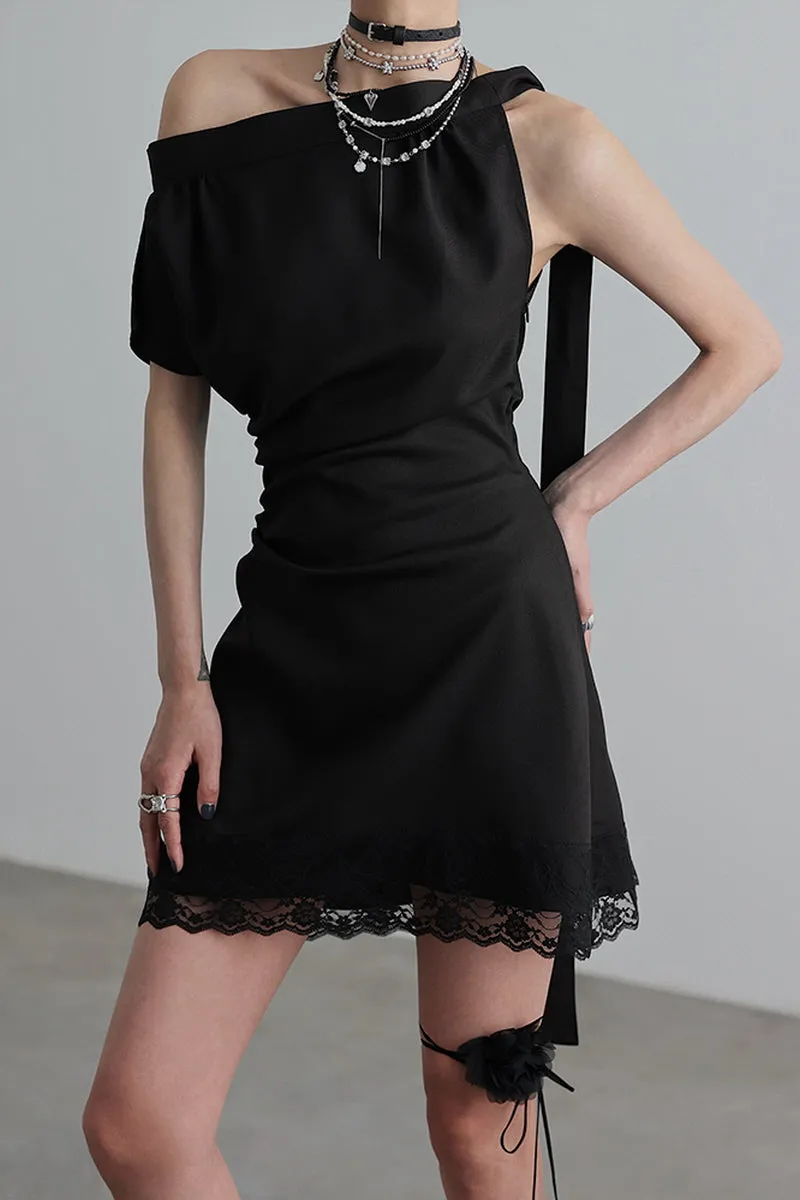 Asymmetric Slanted Shoulder Tie Dress