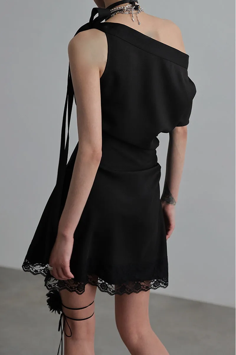 Asymmetric Slanted Shoulder Tie Dress