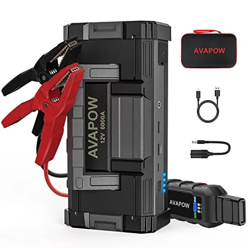 AVAPOW 6000A Car Battery Jump Starter(for All Gas or up to 12L Diesel) Powerful Car Jump Starter with Dual USB Quick Charge and DC Output,12V Jump Pack with Built-in LED Bright Light