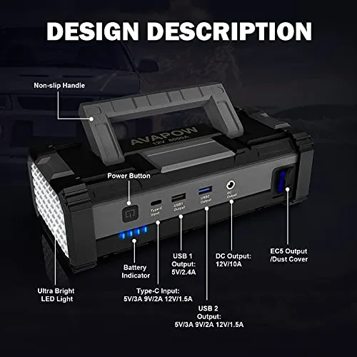 AVAPOW 6000A Car Battery Jump Starter(for All Gas or up to 12L Diesel) Powerful Car Jump Starter with Dual USB Quick Charge and DC Output,12V Jump Pack with Built-in LED Bright Light