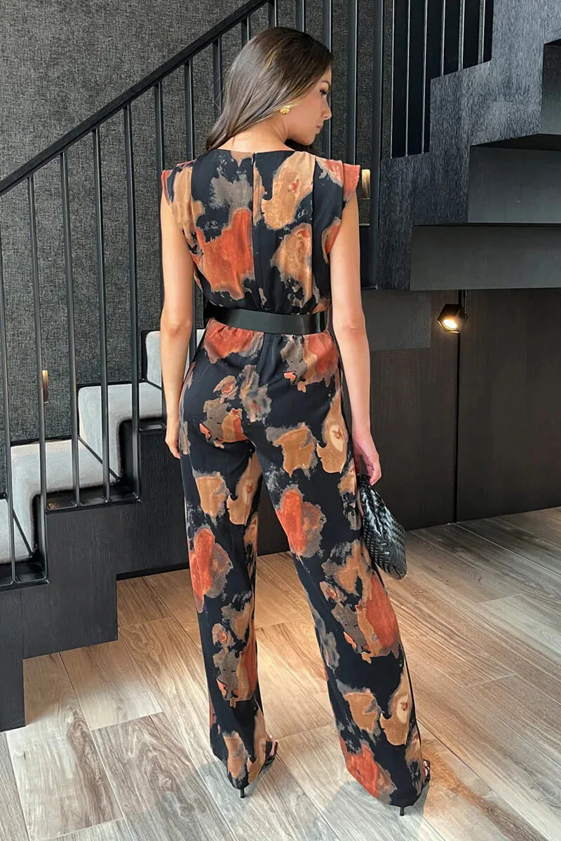 AX PARIS MULTI SMUDGE PRINT BELTED WIDE LEG JUMPSUIT