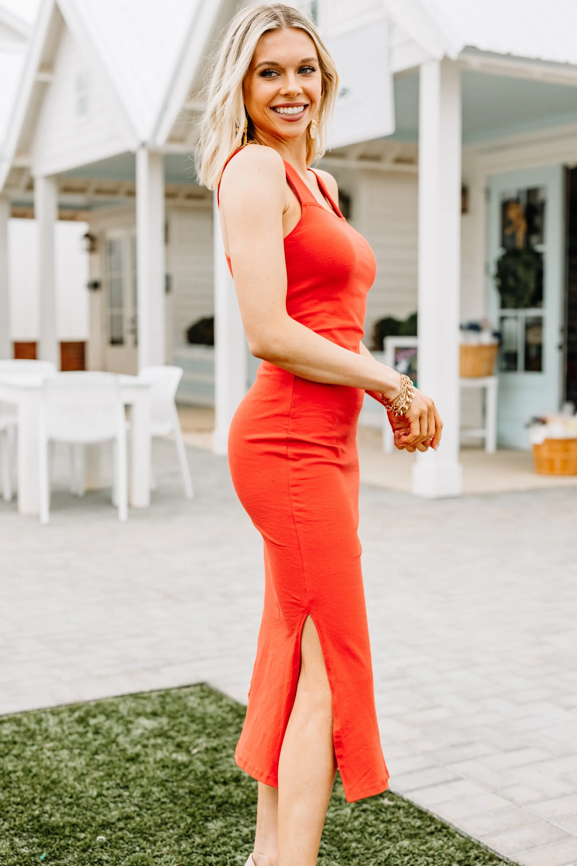 Back For More Red Orange Midi Dress