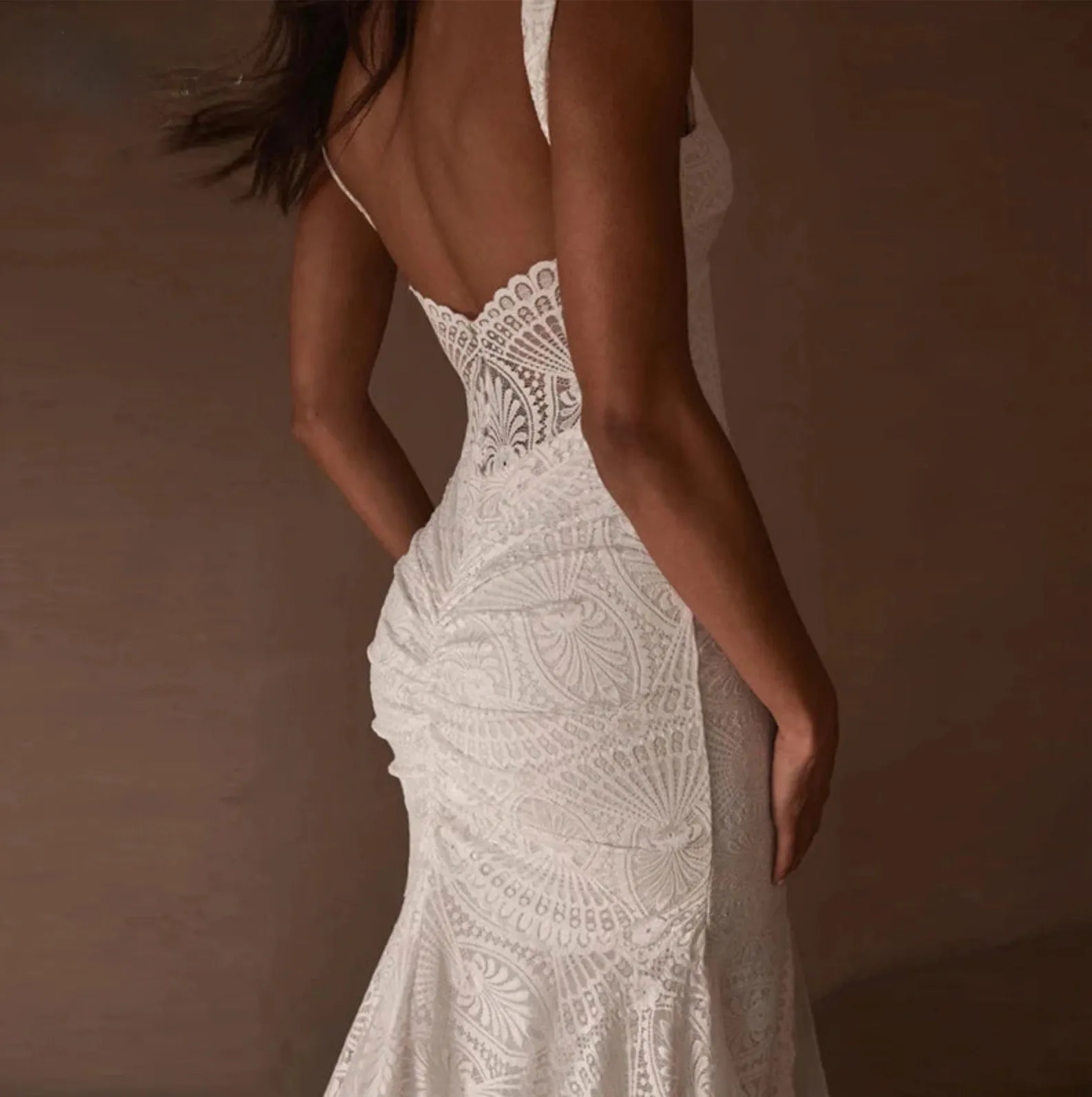 Backless Boho Wedding Dress Mermaid Lace V Neck Rustic Garden Bridal Gown