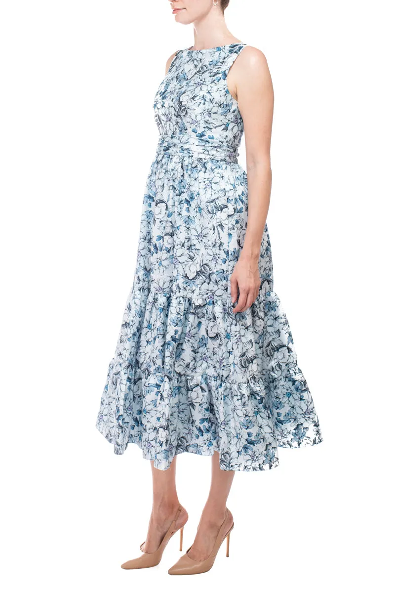 Badgley Mischka bateau neck sleeveless cutout back ruffled hem A-line floral print jacquard dress