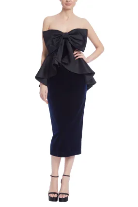 Badgley Mischka Strapless Velvet and Mikado Peplum Bow Dress