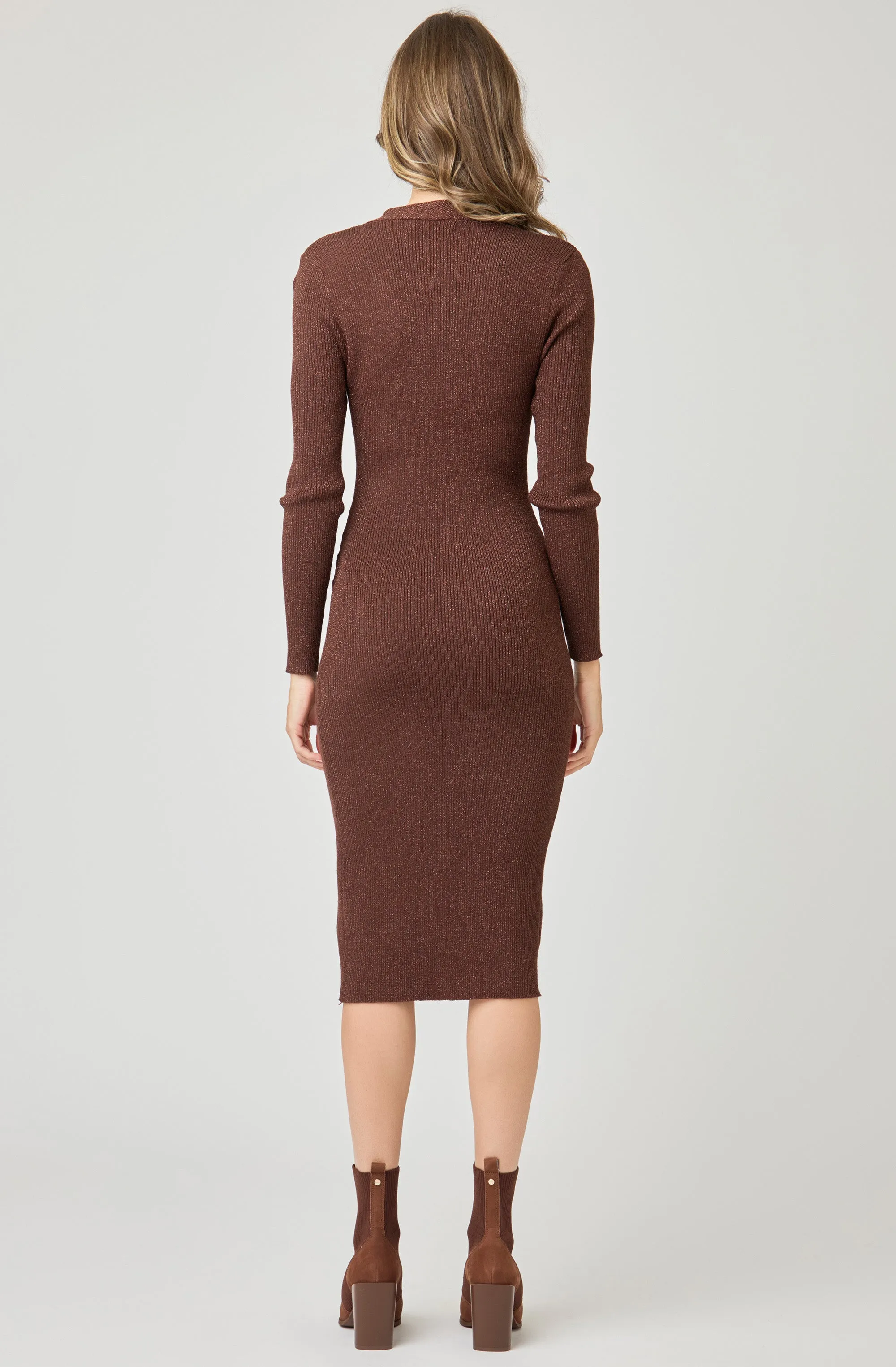 Belted Midi Knit Lurex Dress with Gold Buttons