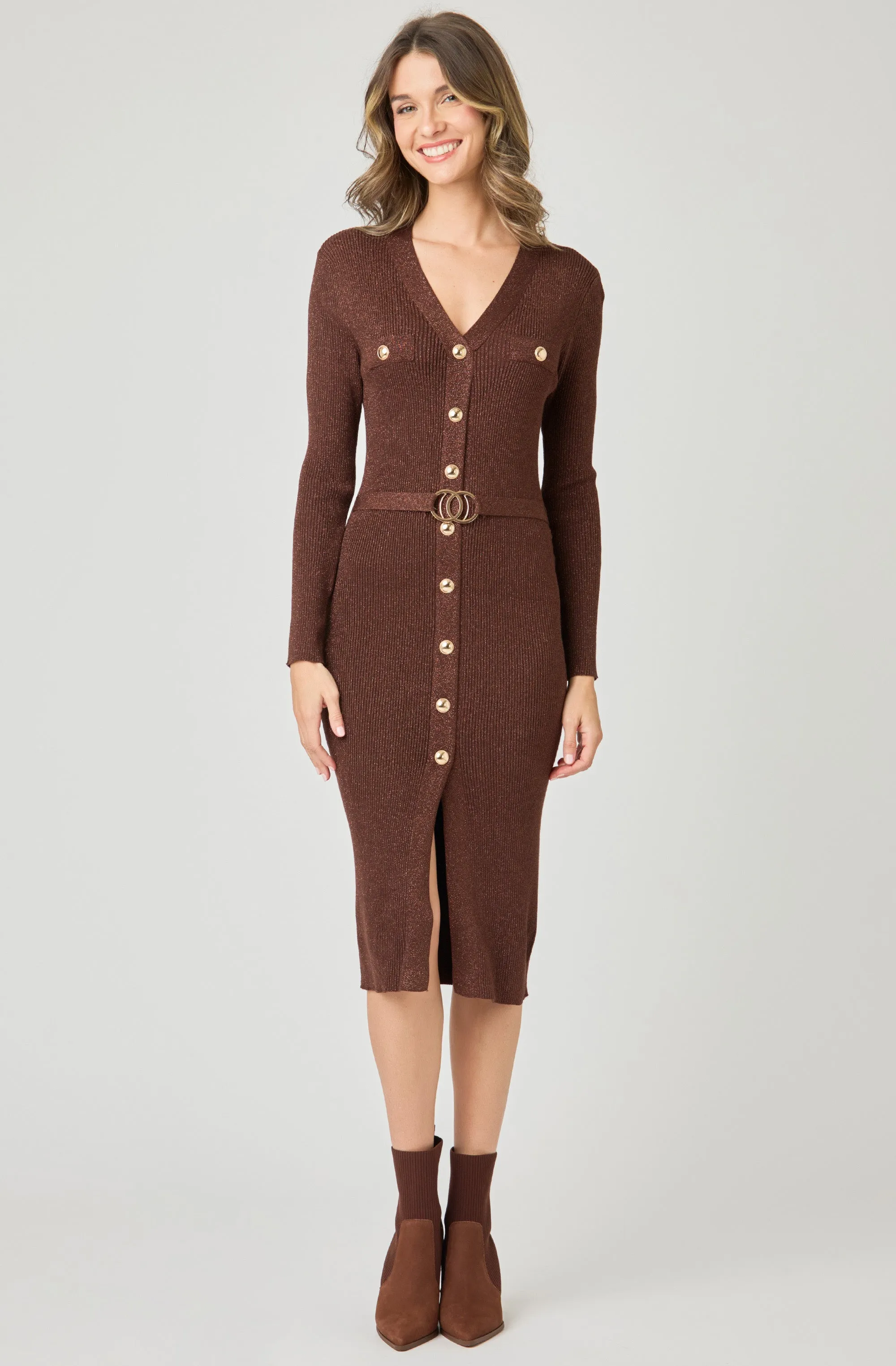 Belted Midi Knit Lurex Dress with Gold Buttons