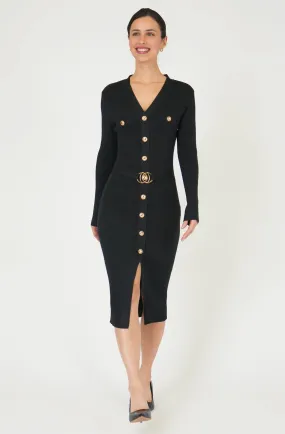 Belted Midi Knit Lurex Dress with Gold Buttons