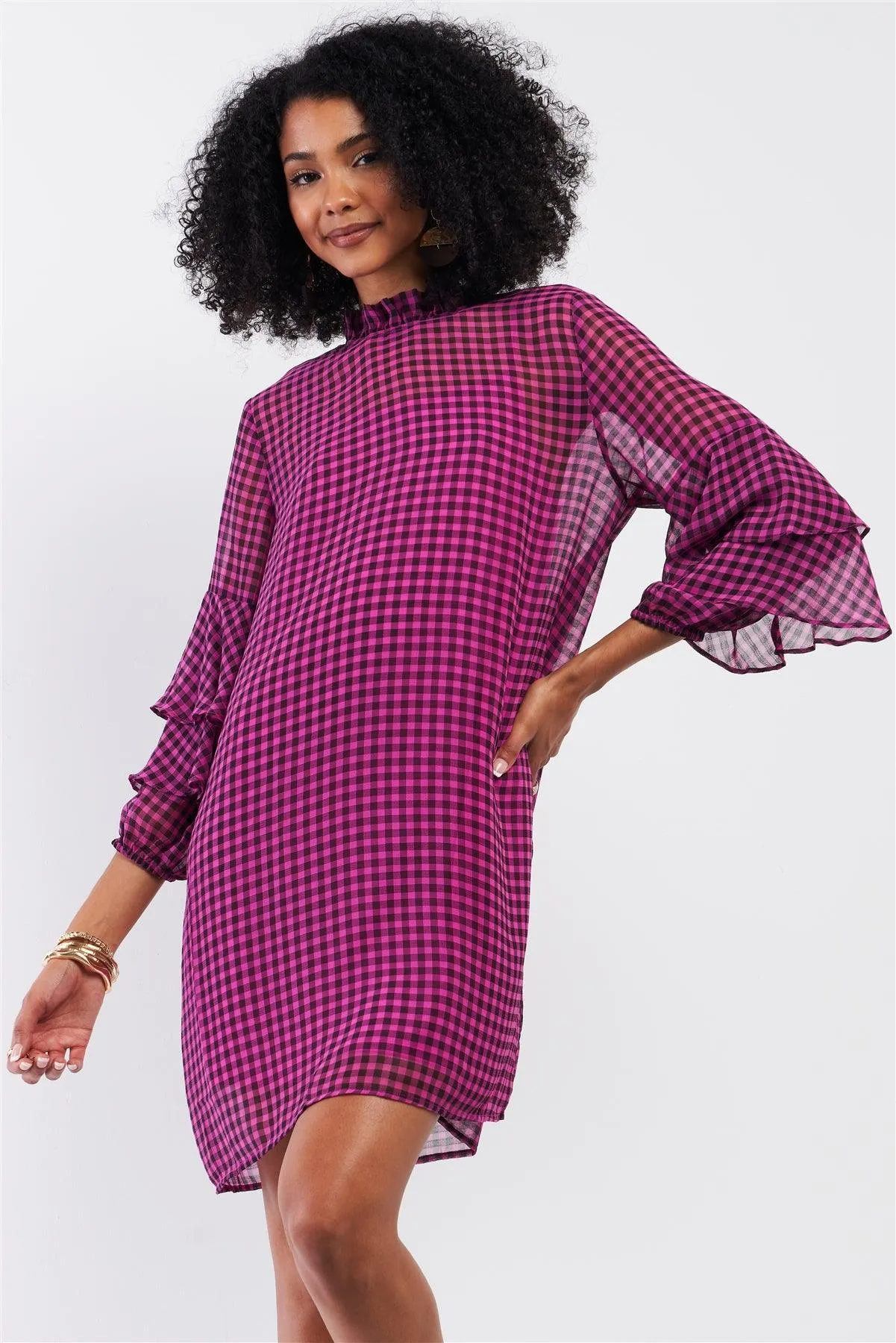 Black & Pink Checkered Print Relaxed Frill Mock Neck Layered Flare Sleeve Detail Mini Dress /2-2-2