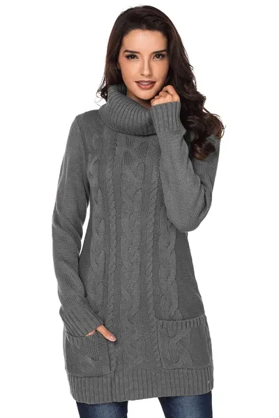 Black Cowl Neck Cable Knit Sweater Dress