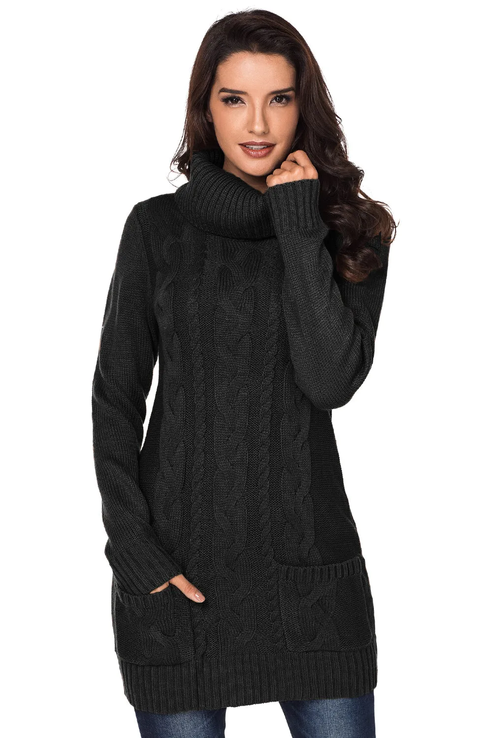 Black Cowl Neck Cable Knit Sweater Dress