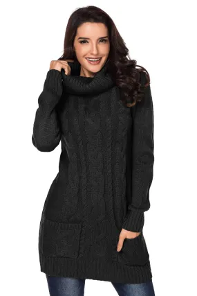 Black Cowl Neck Cable Knit Sweater Dress