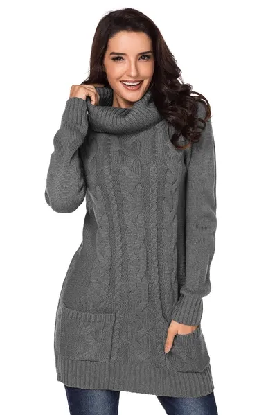 Black Cowl Neck Cable Knit Sweater Dress